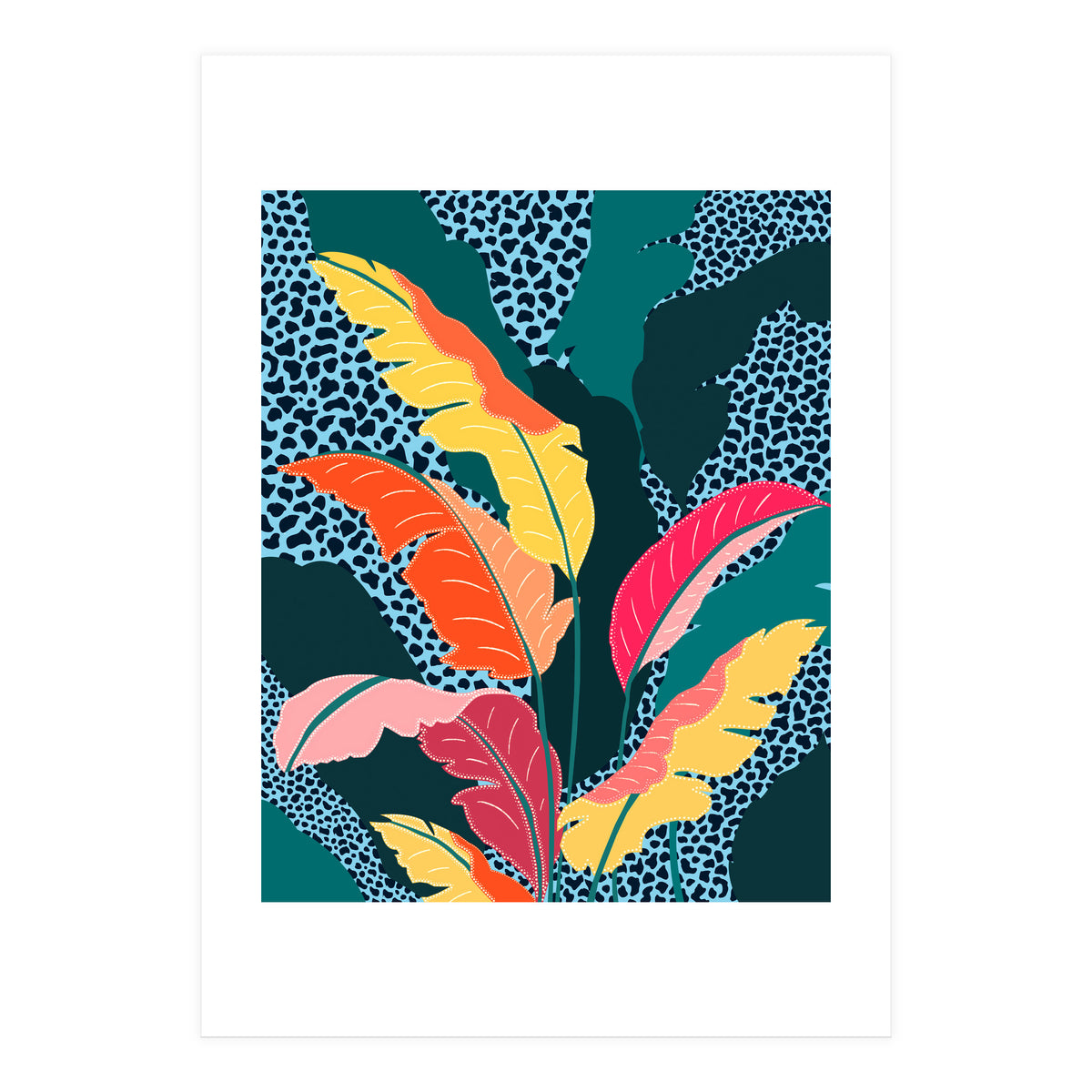 Teal & Tangerine, Botanical Nature Jungle Plants, Maximalism Eclectic Pop Of Color, Tropical Banana Leaves Bohemian Contemporary (Print Only)