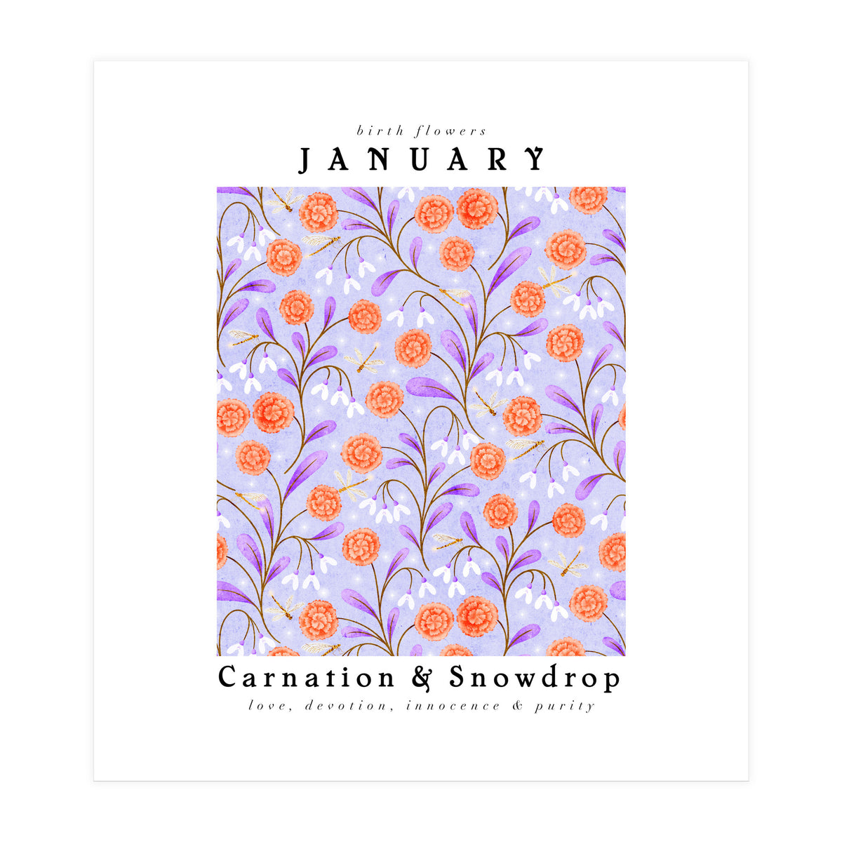 Carnations And Snowdrop January Birth Flower Floral Print (Print Only)