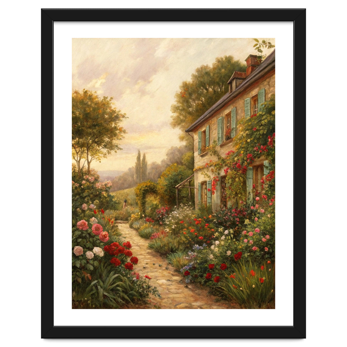 Idyllic Sunlit Cottage Garden Oil Painting