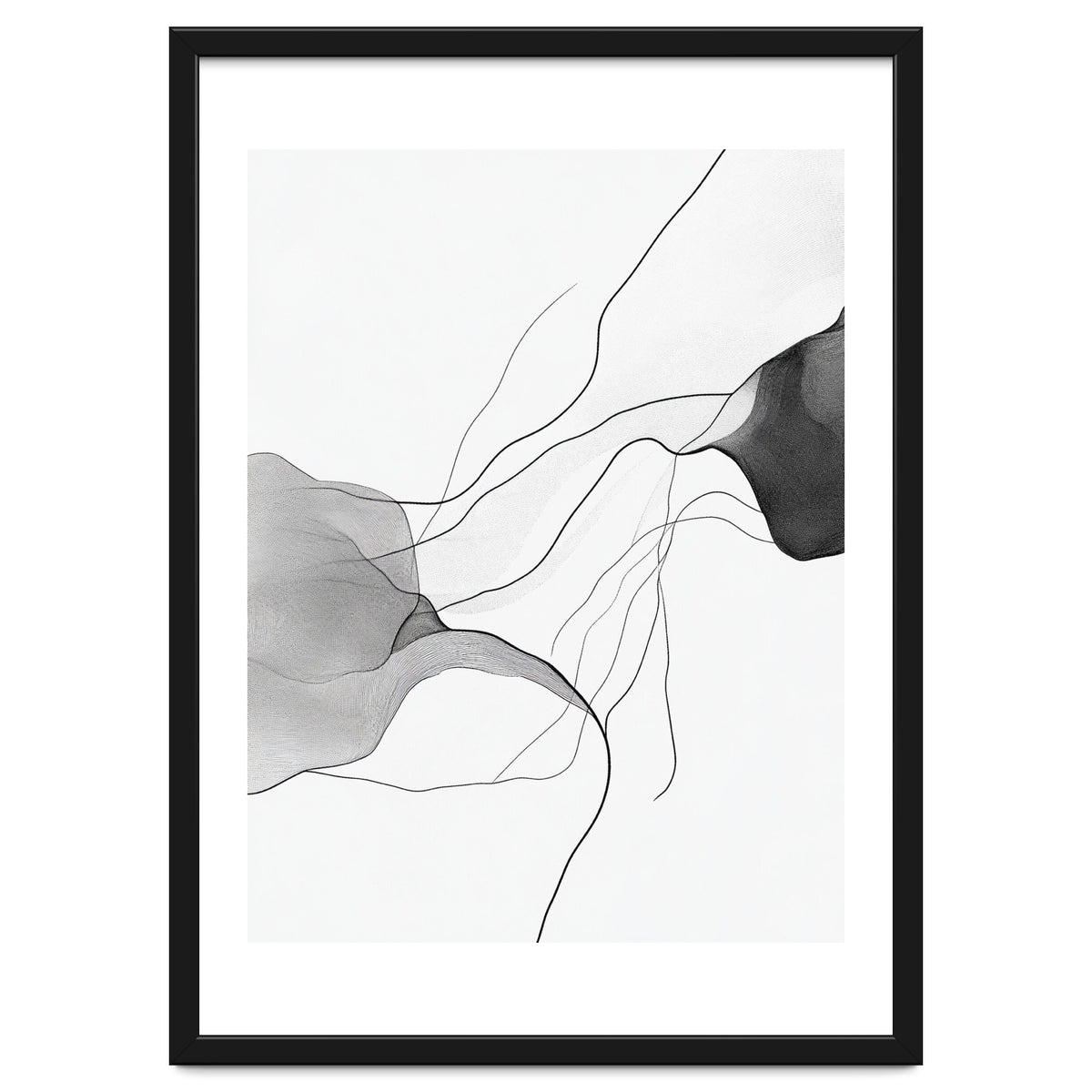 Abstract Black And White Flowing Lines And Shapes On White Background