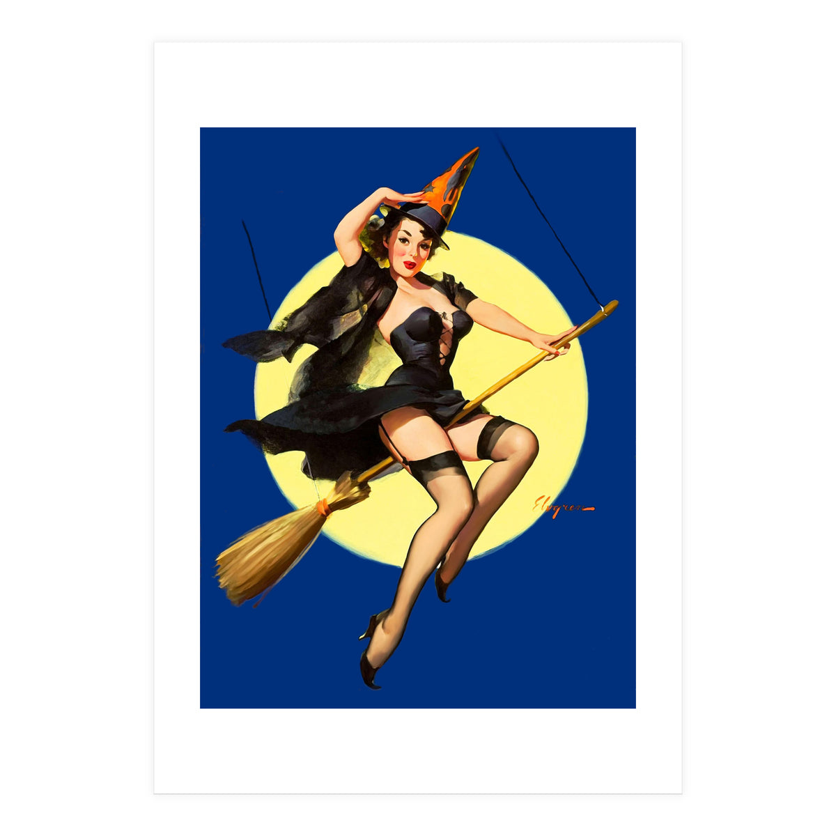 Pinup Sexy Witch Posing On A Broom (Print Only)