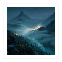 Moonlit Alpine Valley at Night with Shimmering River (Print Only)