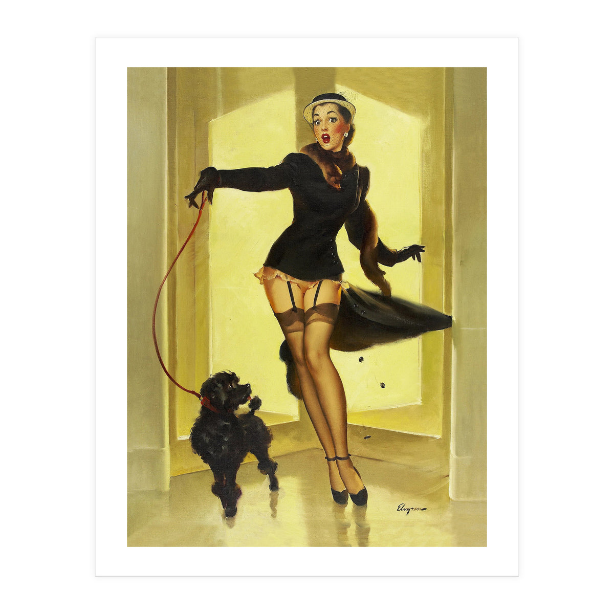 Pinup Girl In Black Dress On A Hall Experiencing Sudden Wind (Print Only)