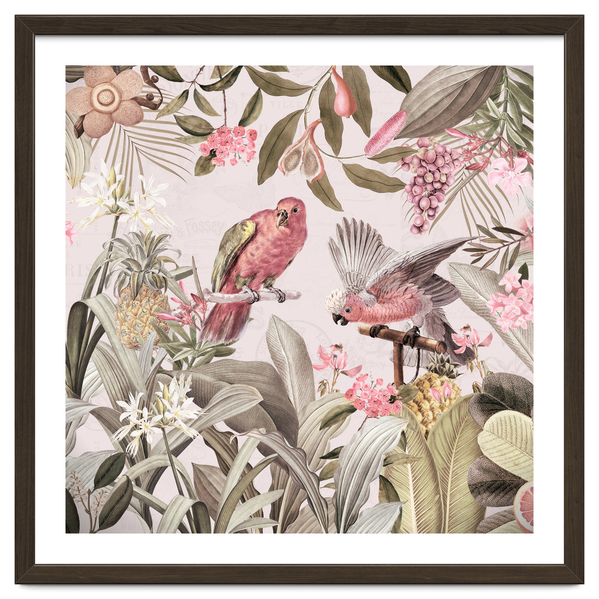 Colorful Parrots In Flower And Fruit Tropical Jungle