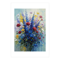 Vibrant Blue Delphinium and Red Rose Heavy Impasto Oil Painting (Print Only)