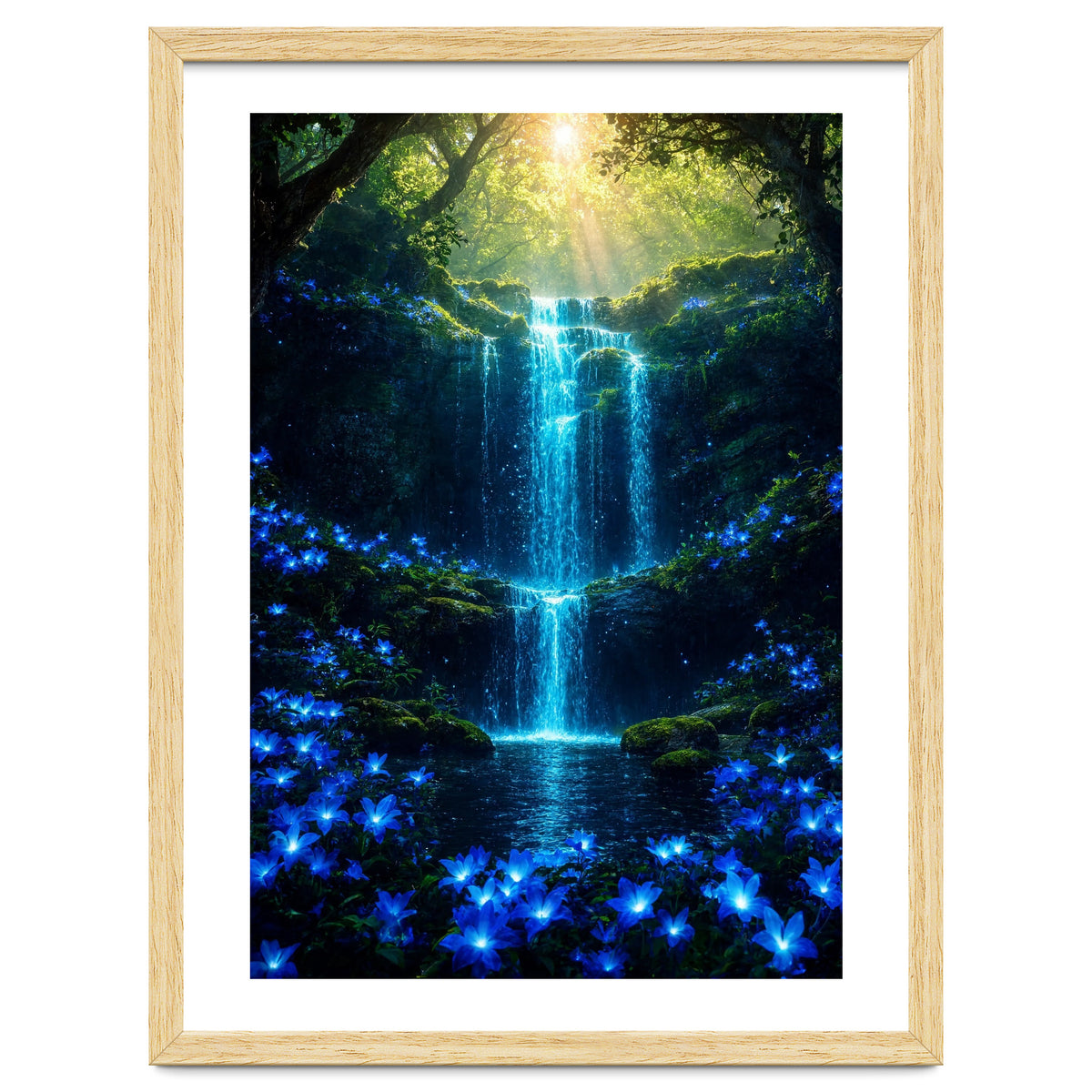 Ethereal Blue Waterfall: Magical Forest Oasis
