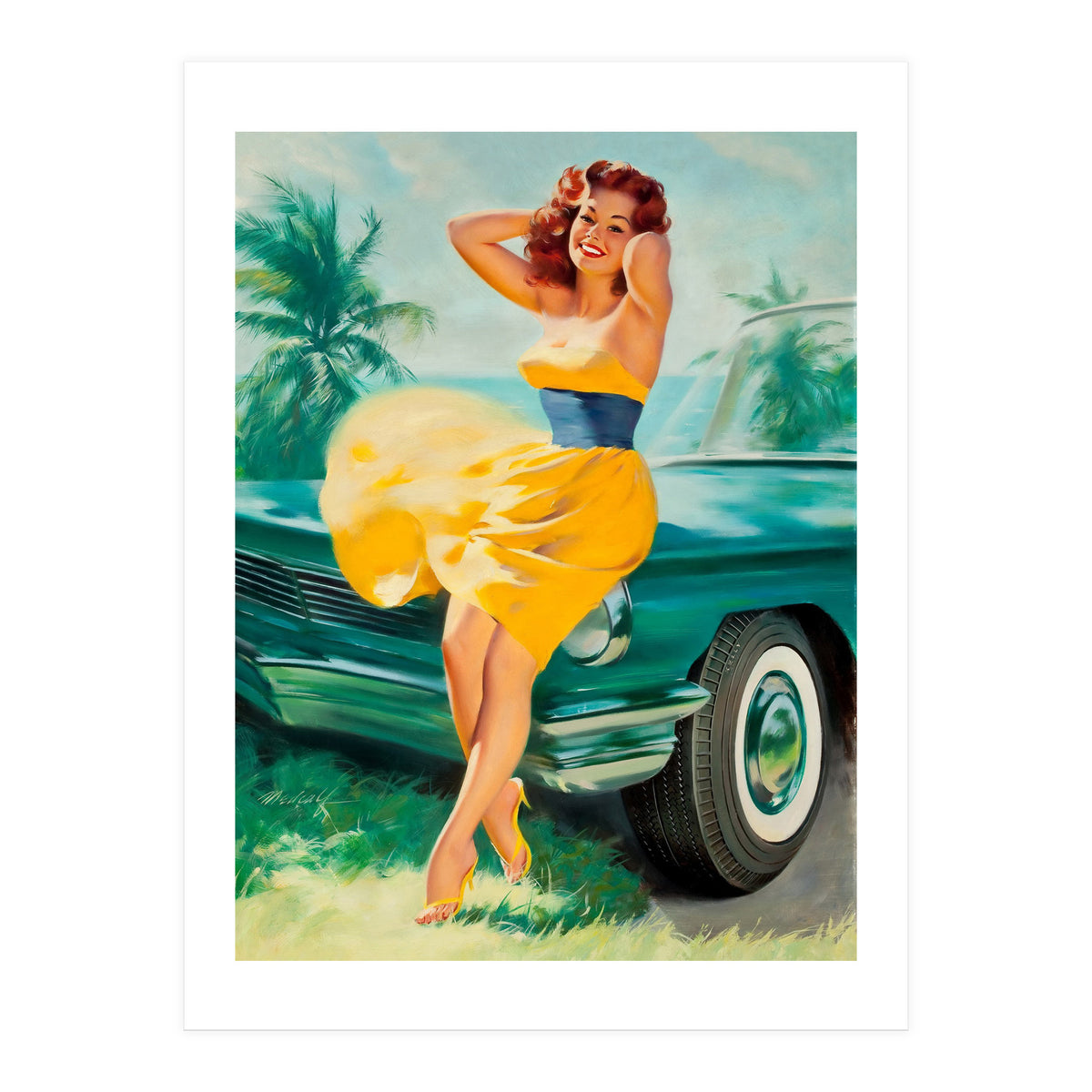 Pinup Girl Posing In Front Of The Car (Print Only)