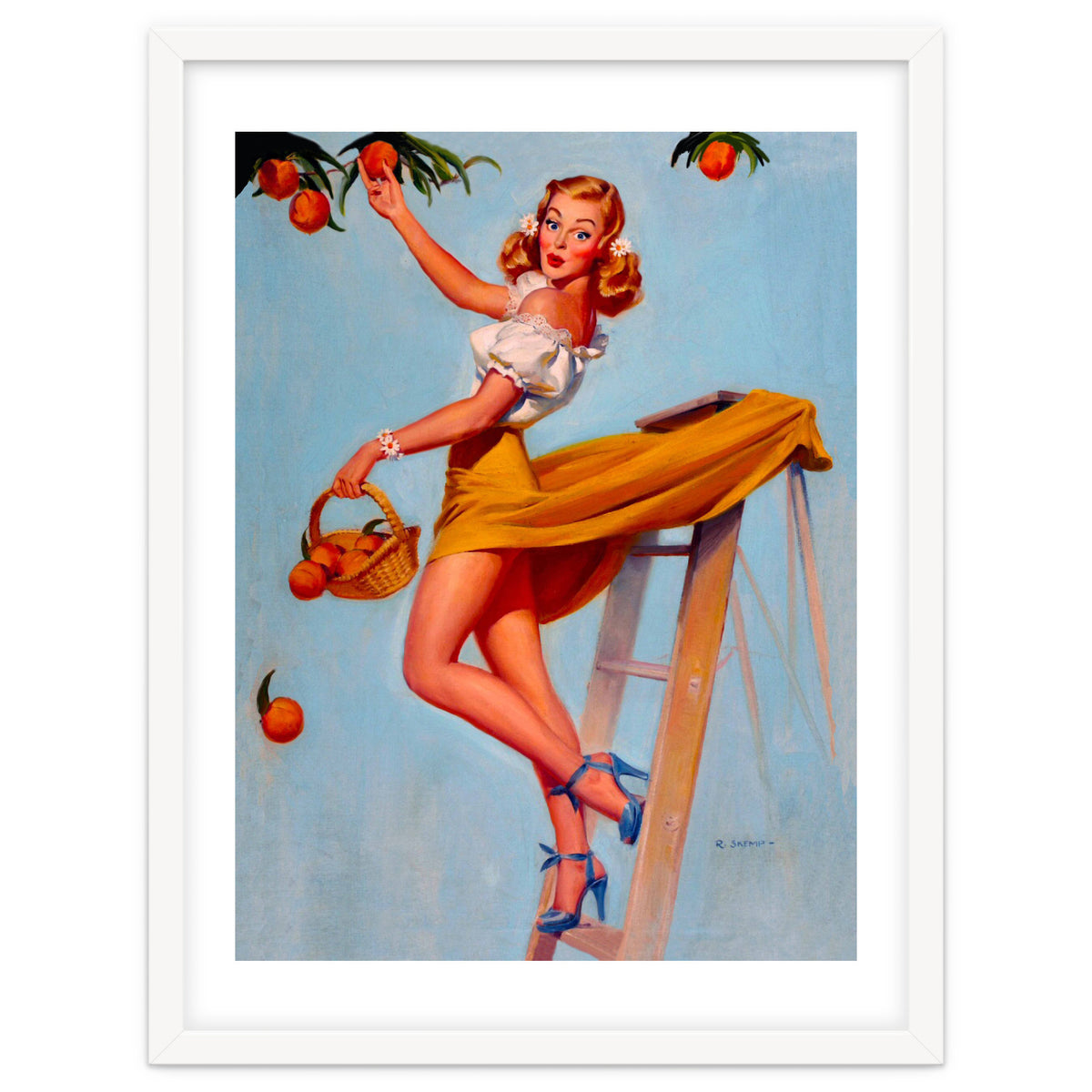Pinup Sexy Woman Picking Oranges On A Tree Branch