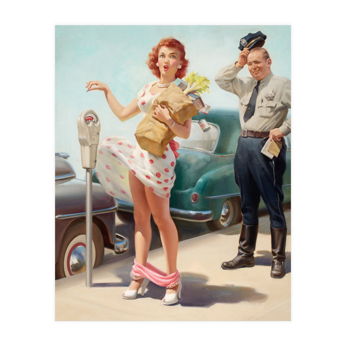 Sexy Pinup Shopping Girl And A Sudden Wind (Print Only)