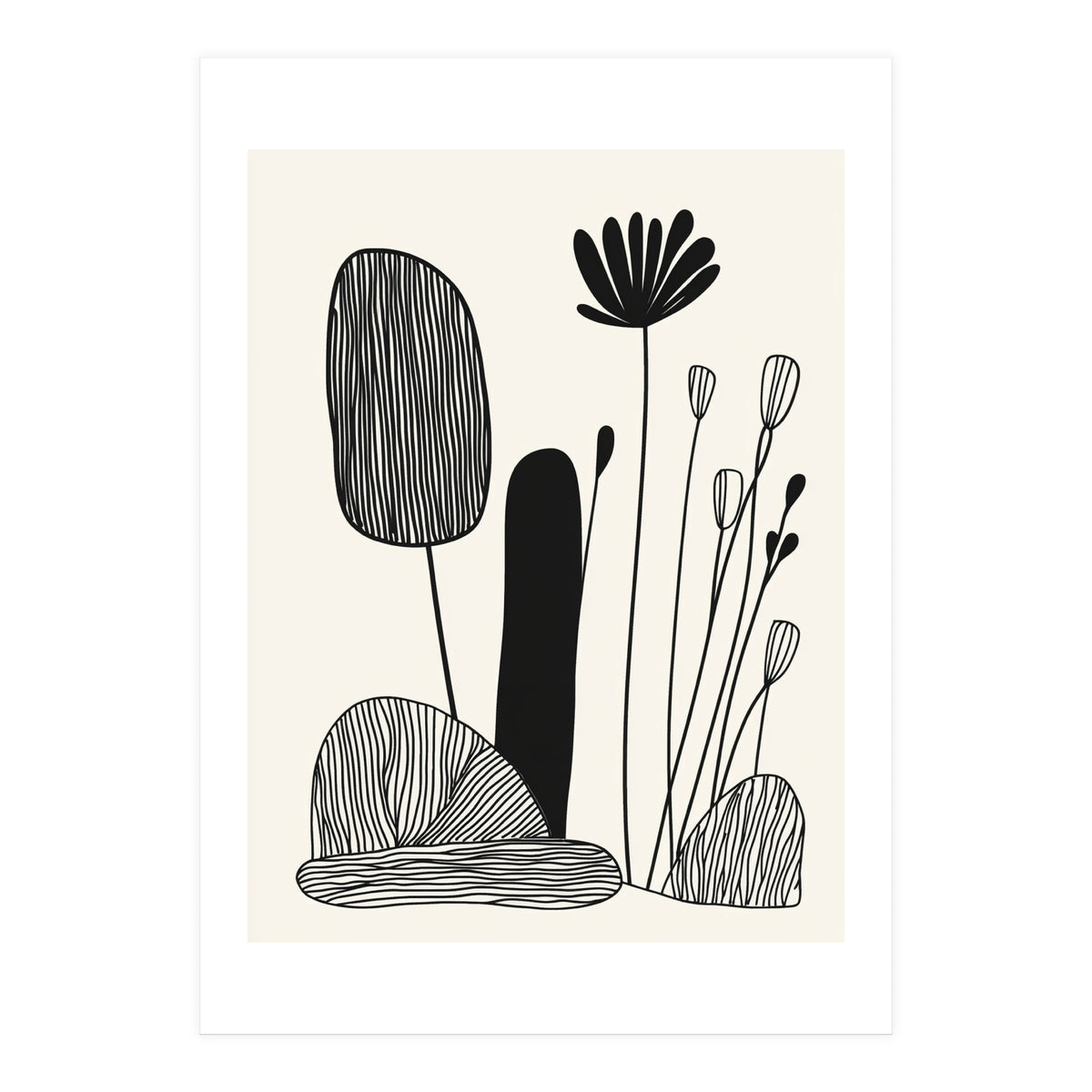 Abstract Black And White Botanical Illustration With Organic Shapes (Print Only)
