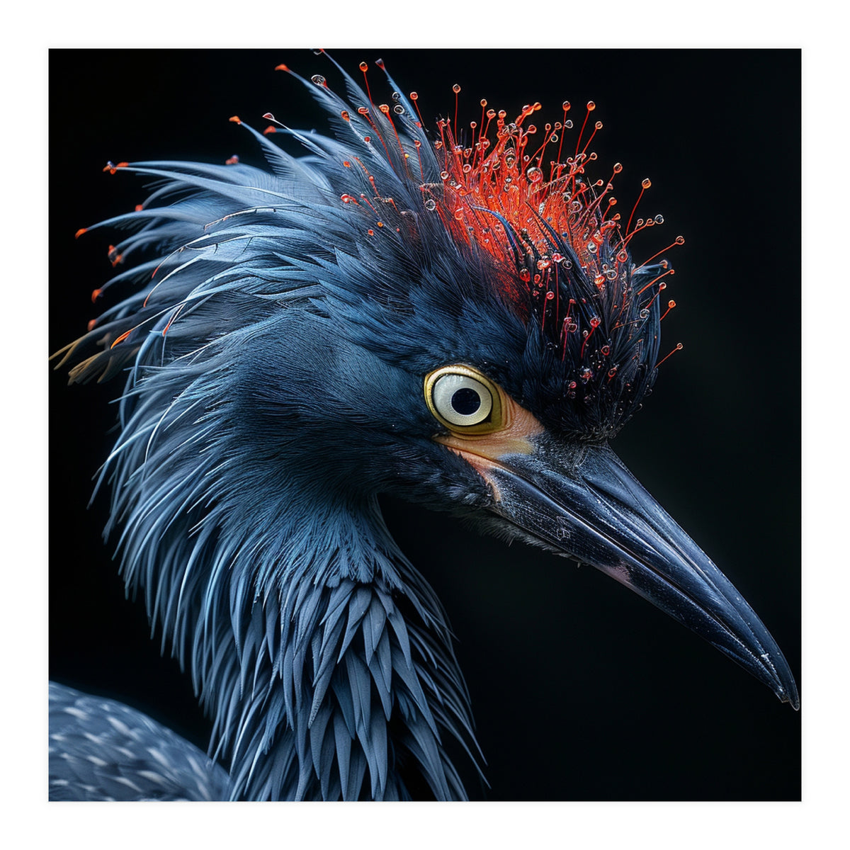 Blue Heron Bird Head With Orange Crown  (Print Only)