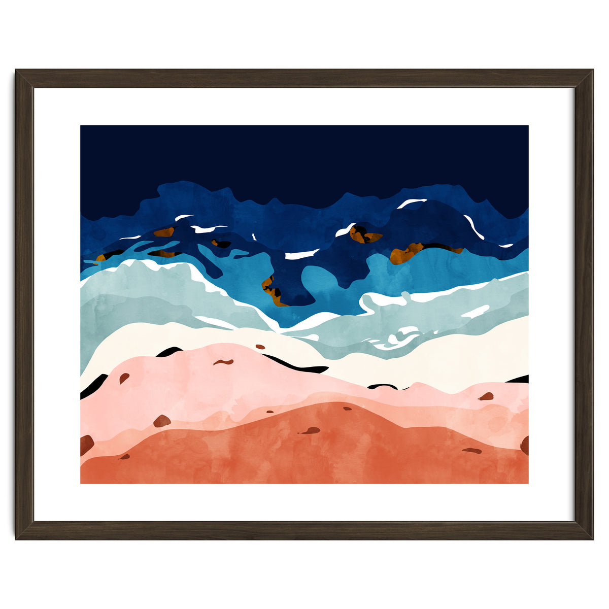 Ocean Heart, Abstract Sea Waves, Tropical Travel Watercolor Painting, Eclectic Bohemian Beach Nature