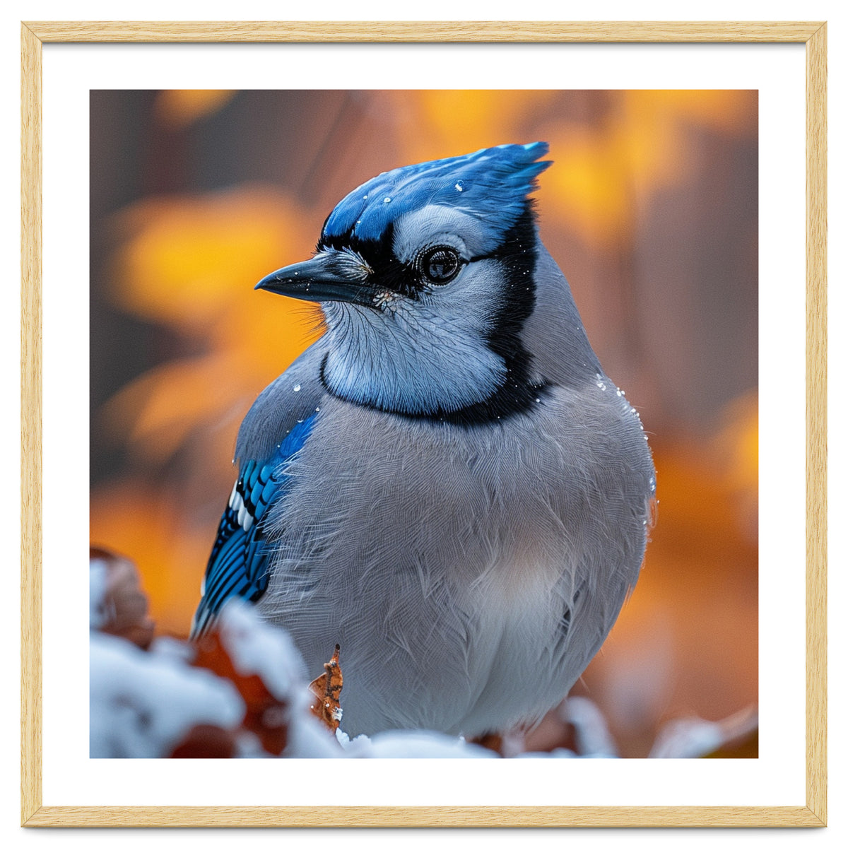 Blue Jay Bird In Winter Snowfall And Leaves