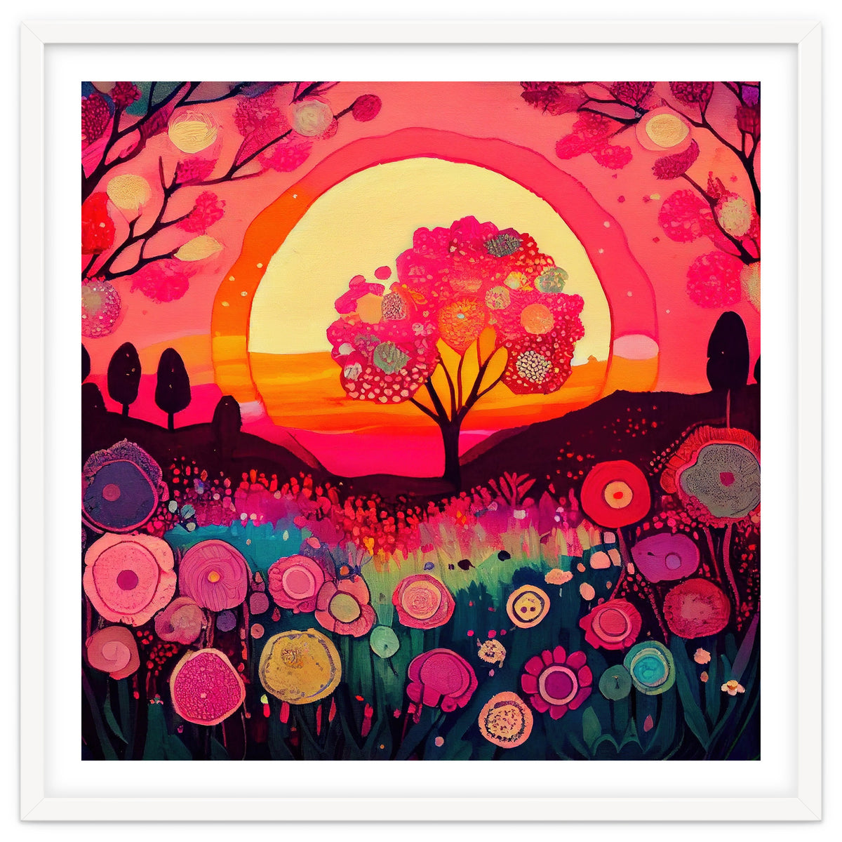 Folk Sunset Blossoming Tree