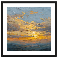 Atmospheric Golden Sunset Impasto Oil Painting Featuring Textured Clouds