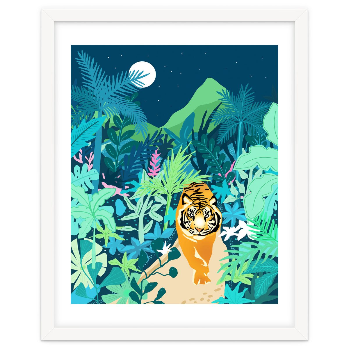 Tiger Walk, Bohemian Jungle Maximalist Nature, Botanical Forest Plants Moon Wild Animals
