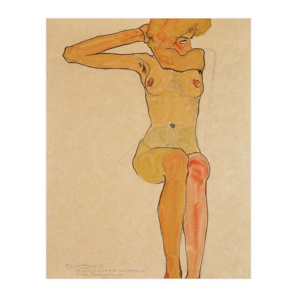Seated female nude with raised right arm,1910 Gouache,. (Print Only)