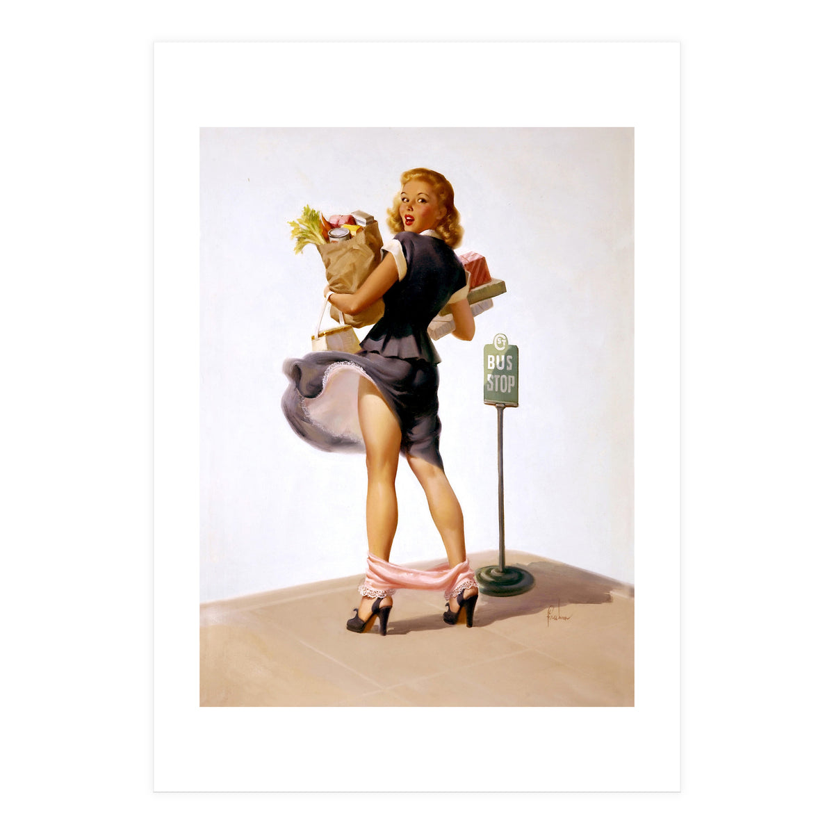 Pinup Sexy Girl Had Funny Accident On A Bus Stop (Print Only)
