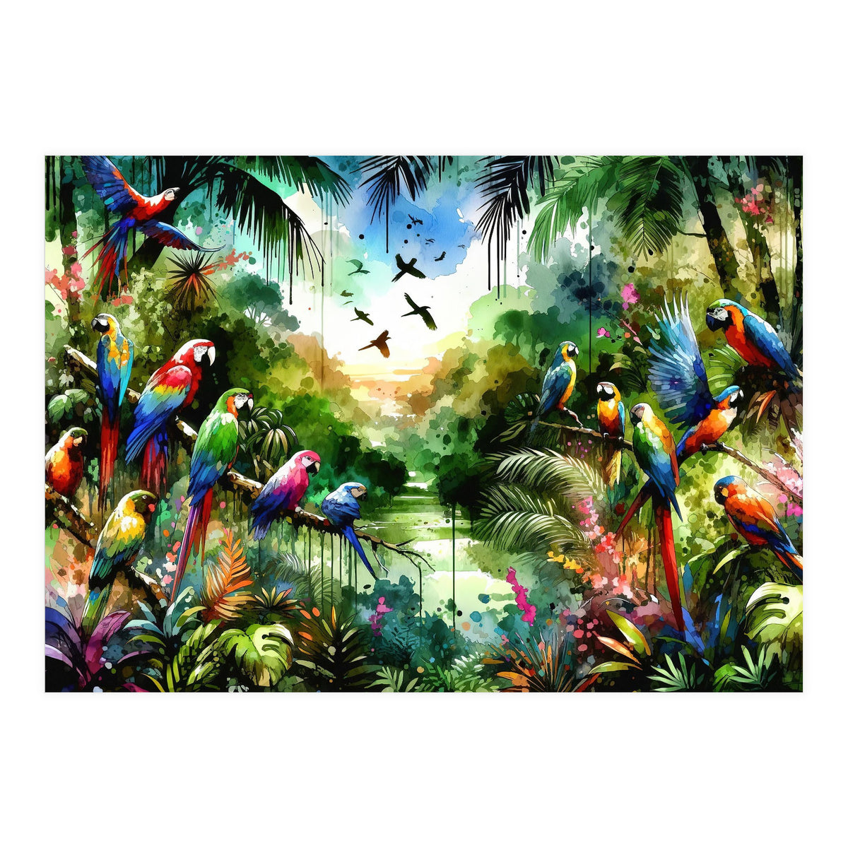 Watercolor Tropical Birds In The Jungle (Print Only)