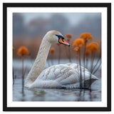 White Swan Swimming In A Lake With Reeds thumbnail