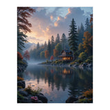 Serene Lakeside Retreat in Autumn Forest (Print Only) thumbnail
