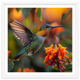Hummingbird Hovering Near Orange Flowers thumbnail
