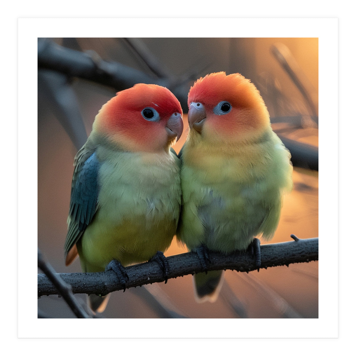 Two Lovebirds Perched On A Branch At Sunset (Print Only)
