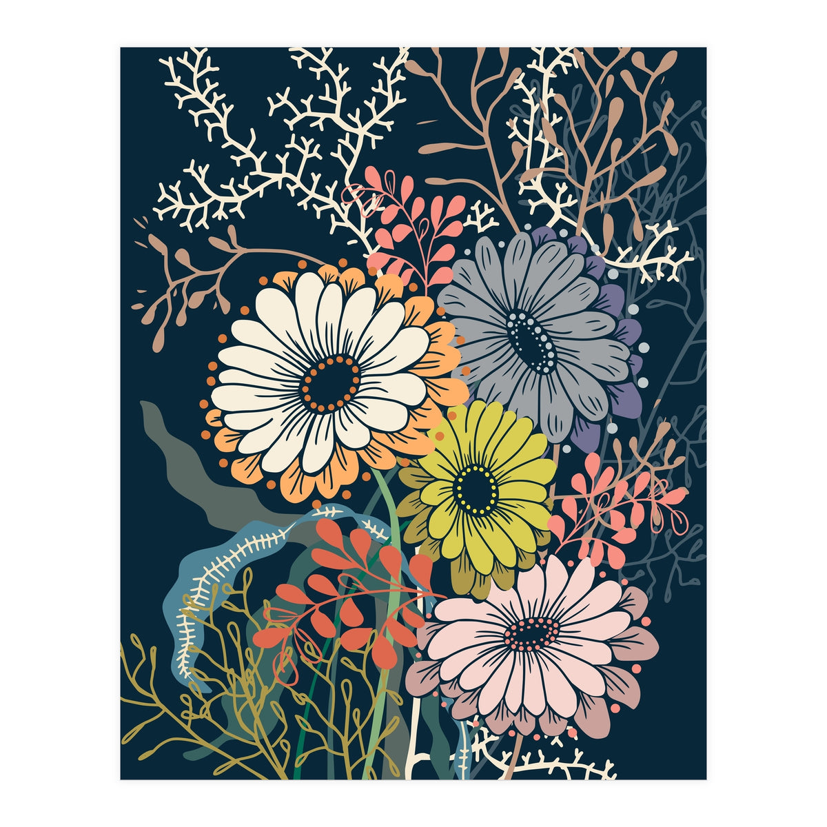Springtime daisies dark blue (Print Only)