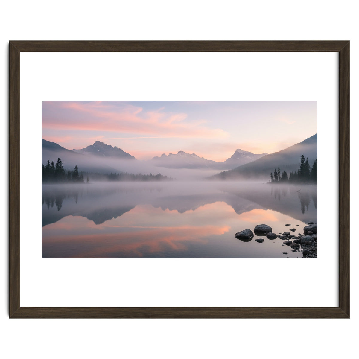 Misty Morning Reflection: Serene Alpine Lake