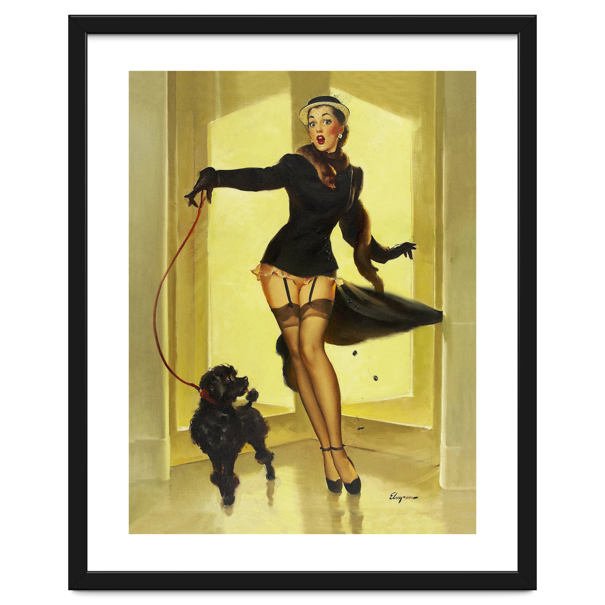 Pinup Girl In Black Dress On A Hall Experiencing Sudden Wind
