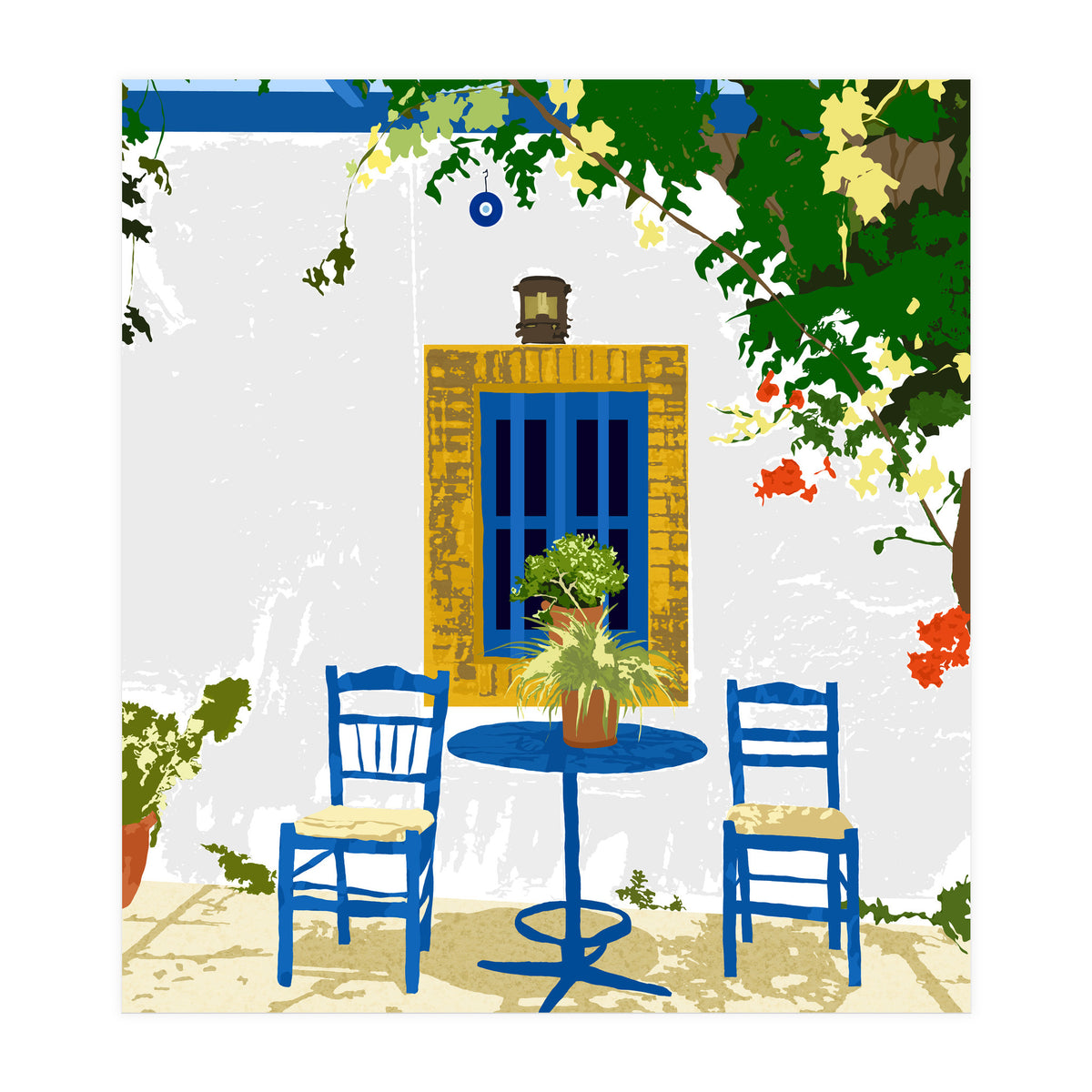 Greek Vacay For Two, Evil Eye Santorini Travel Summer, Eclectic Travel Architecture White Buildings Cafe (Print Only)