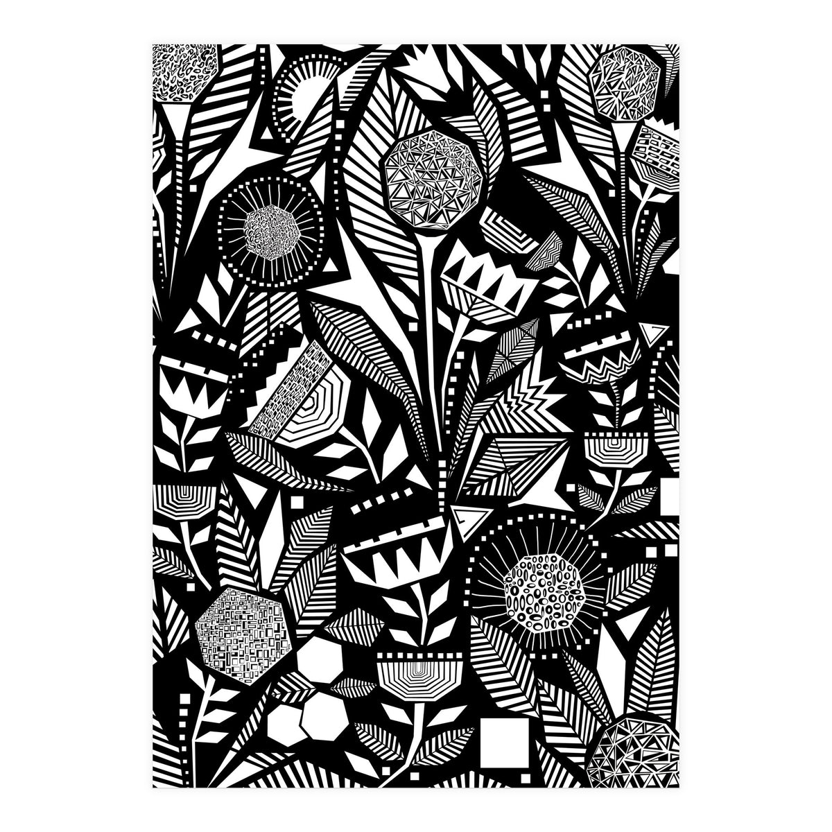 African Tribal, Black & White Abstract Drawing Sketch Line Art, Rustic Botanical Illustration, Bohemian Eclectic Scandinavian Vintage Bold (Print Only)