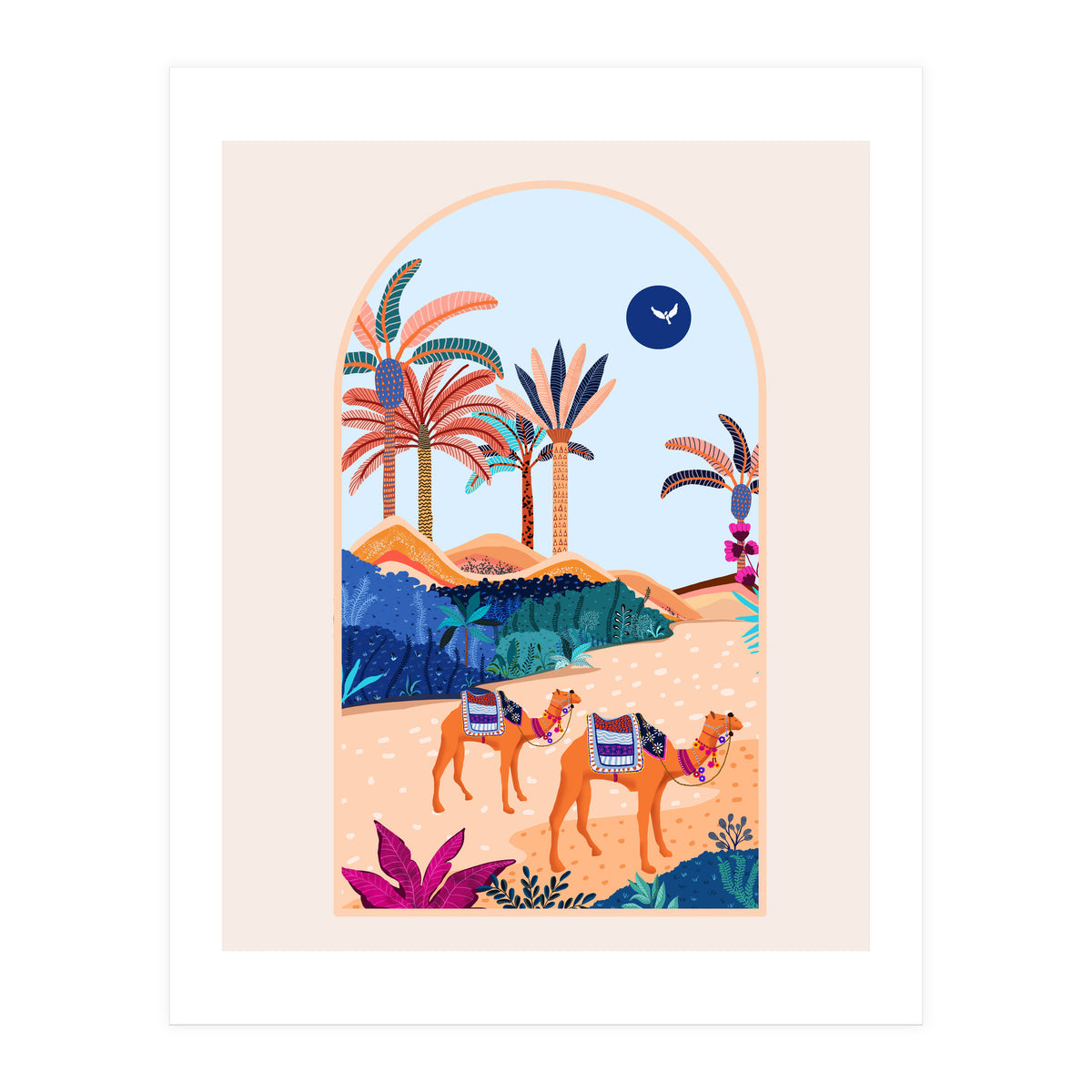 The Arabian Desert, Nature Landscape Travel Illustration, Camels Eclectic Sand Dunes Dubai Palm, Sahara Middle East Hot Summer Animals Bohemian (Print Only)