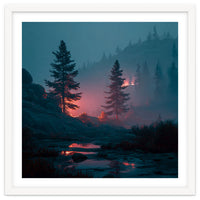 Atmospheric Twilight Pine Forest with Glowing Crimson Light
