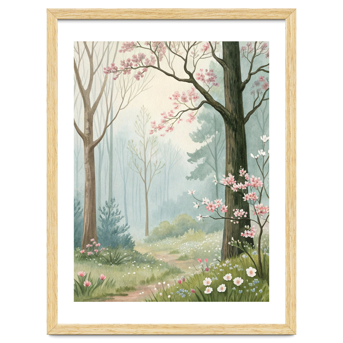 Enchanted Spring Woodland Path with Blooming Cherry Blossoms and Misty Pastel Forest Atmosphere