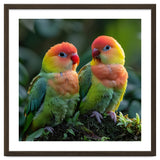 Lovebirds Perched Together On Mossy Branch thumbnail