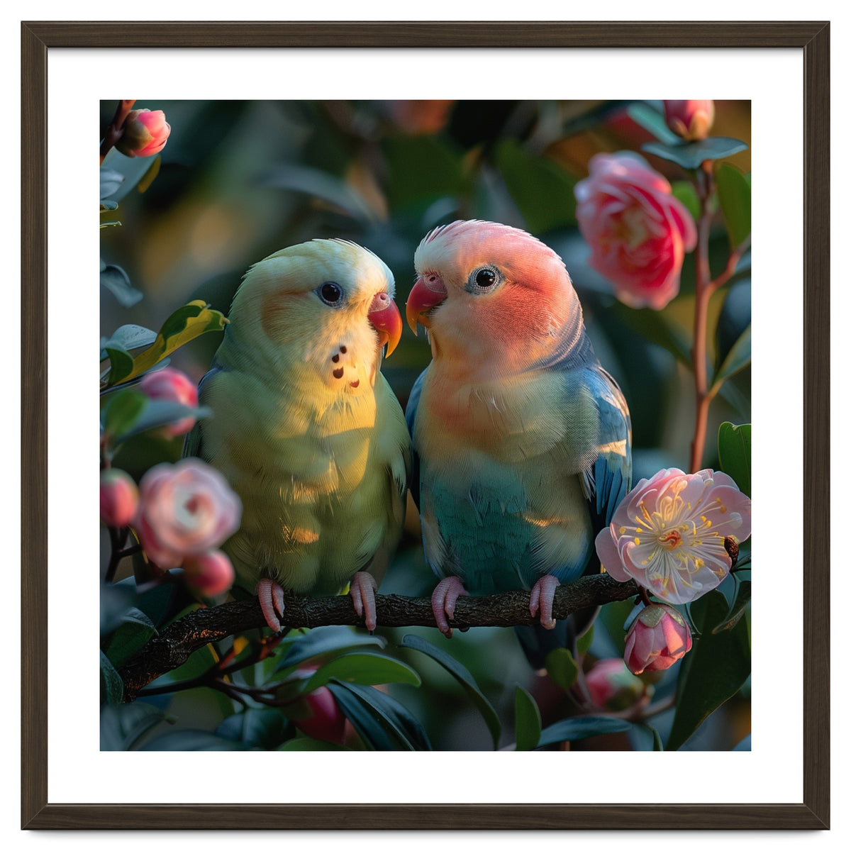 Two Lovebirds Perched On A Branch Near Flowers