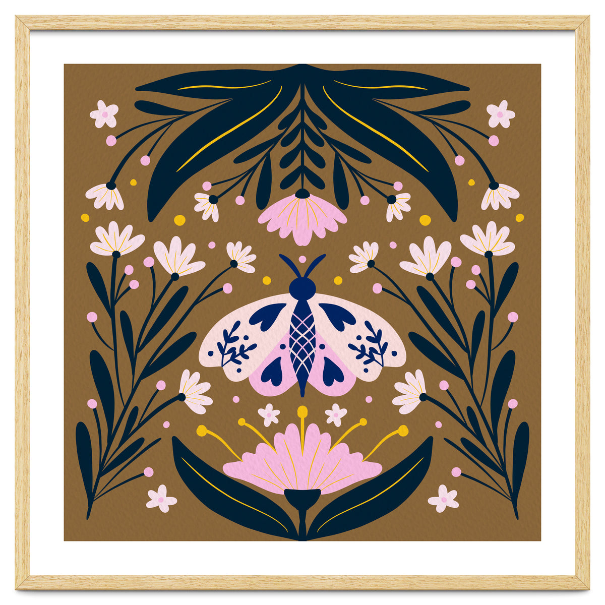 Pink Moth with Flowers on a brown background