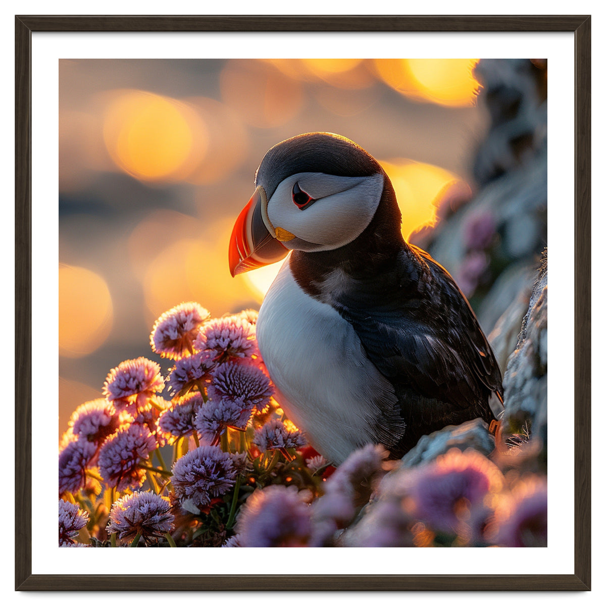 Puffin Bird Amidst Purple Flowers Golden Hour
