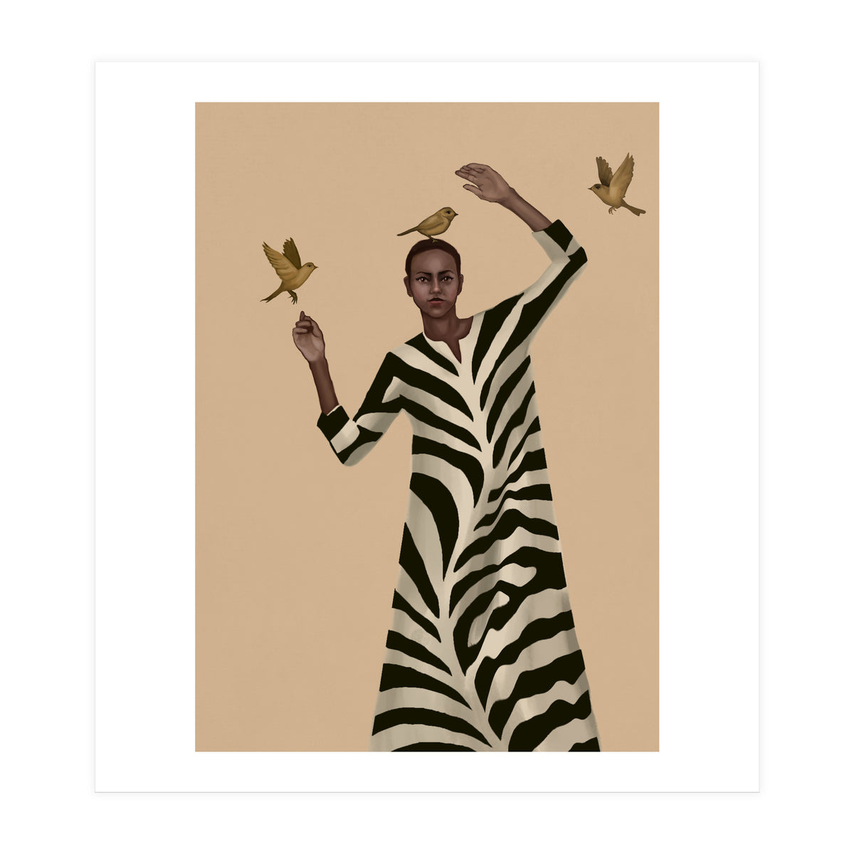 Woman With Birds And Zebra Pattern Dress (Print Only)