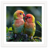 Lovebirds Pair Perched On Mossy Branch Outdoors thumbnail
