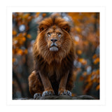 Majestic Lion Sitting On A Rock In Autumn Forest (Print Only) thumbnail