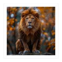 Majestic Lion Sitting On A Rock In Autumn Forest (Print Only)