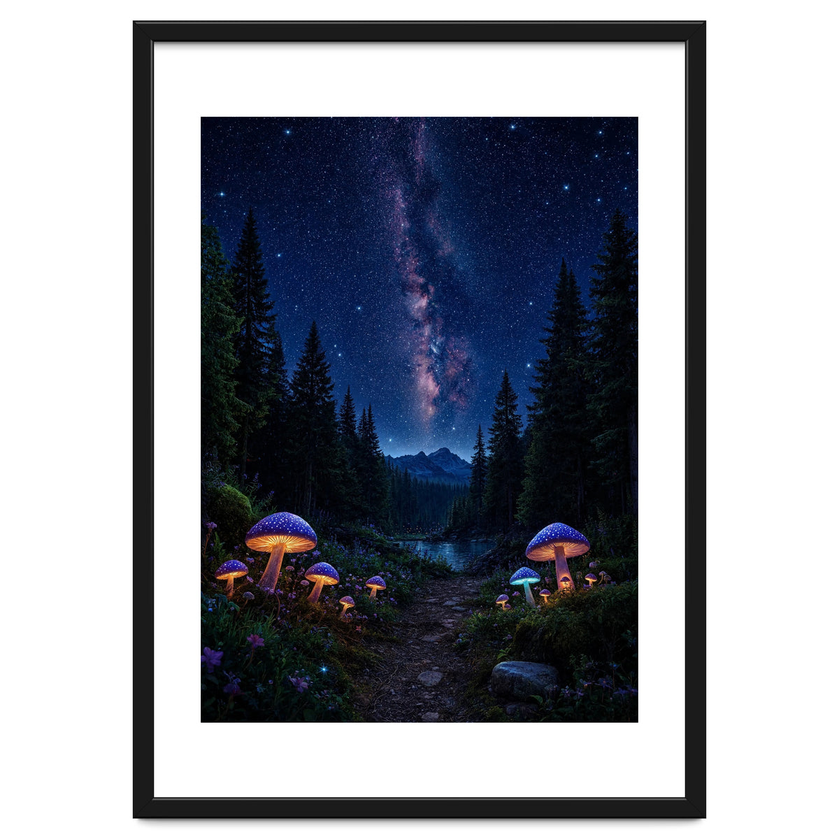 Enchanted Midnight Forest: Glowing Mushrooms and Milky Way