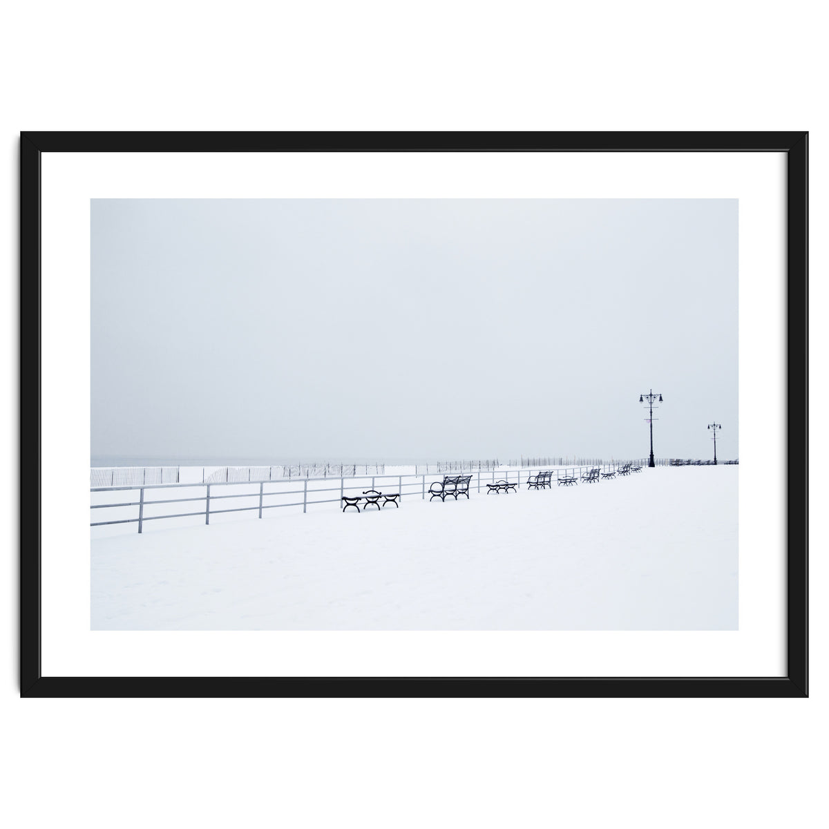 Benches along the pier on snow beach