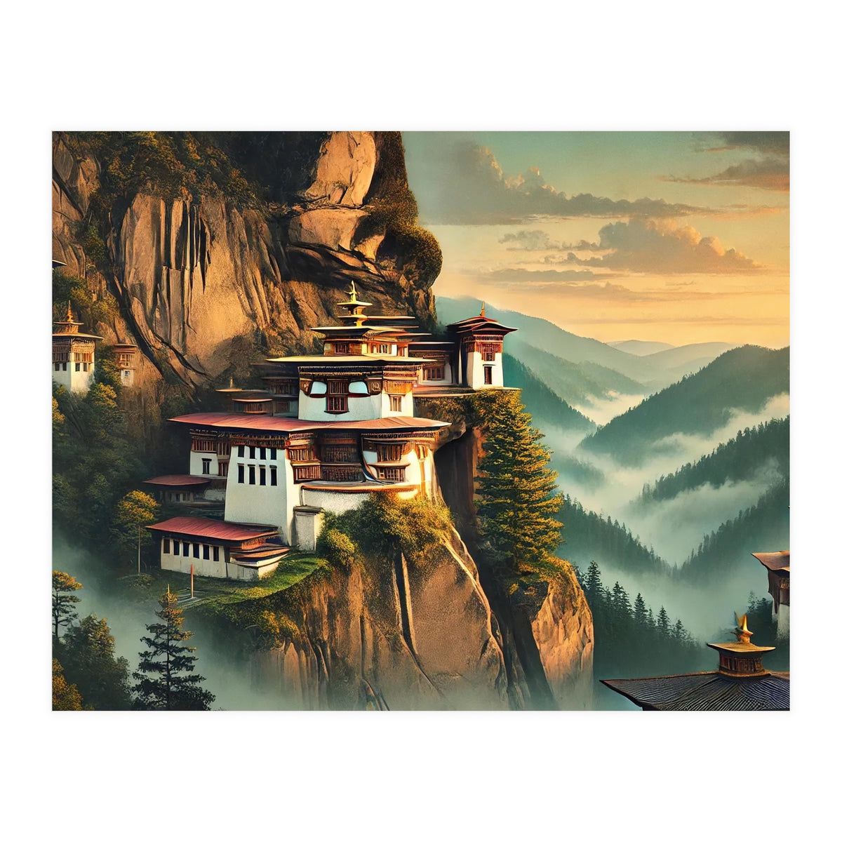 Vintage Bhutan, Mountain Monasteries Poster (Print Only)