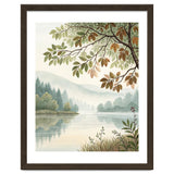 Tranquil Lakeside Forest Watercolor Painting with Overhanging Autumn Branches and Misty Mountain Reflection thumbnail