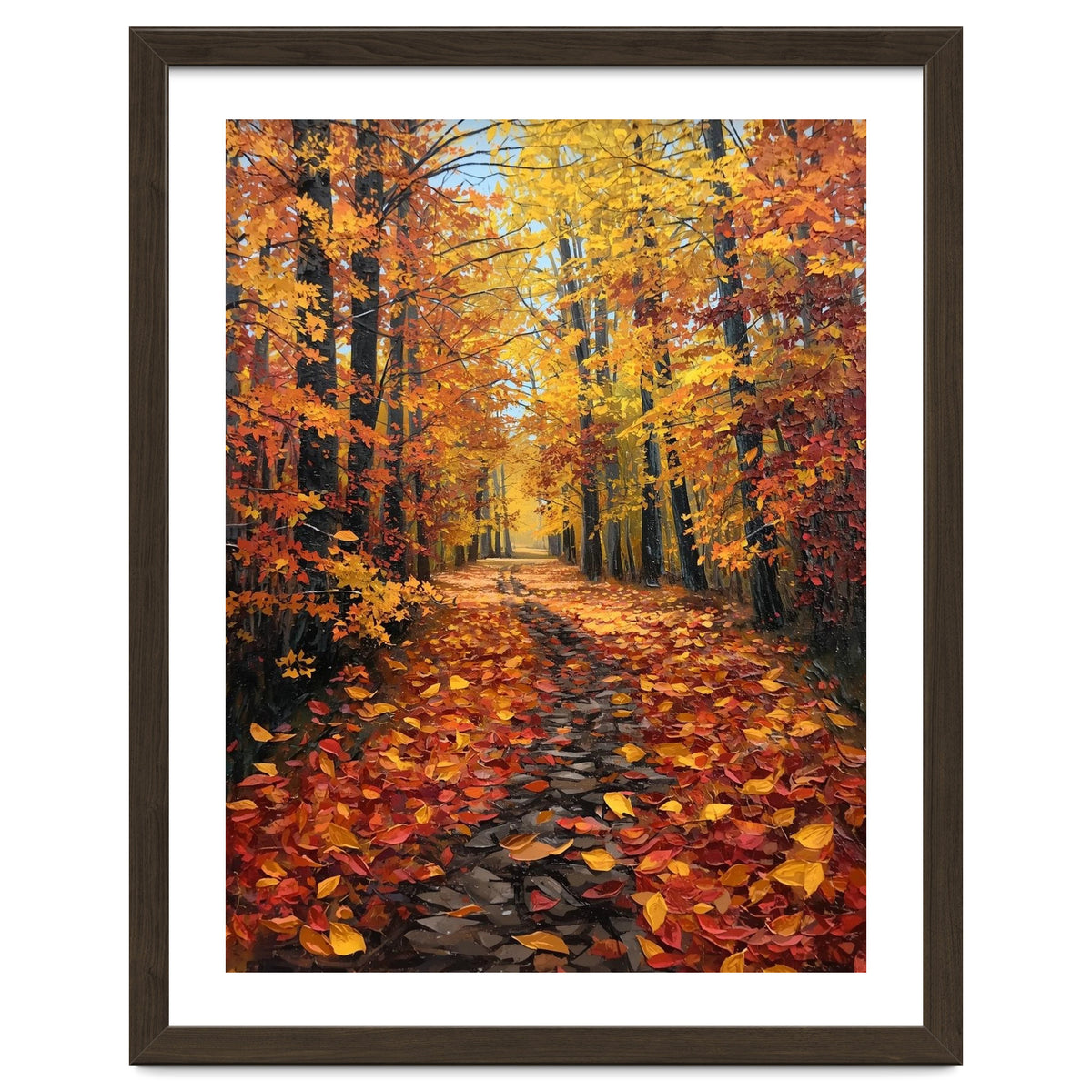 Sun-Drenched Golden Forest Path with Vibrant Autumn Foliage