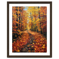 Sun-Drenched Golden Forest Path with Vibrant Autumn Foliage