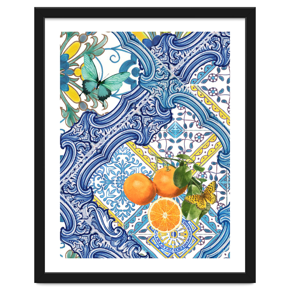 Mediterranean blue tiles, butterflies and citrus fruit